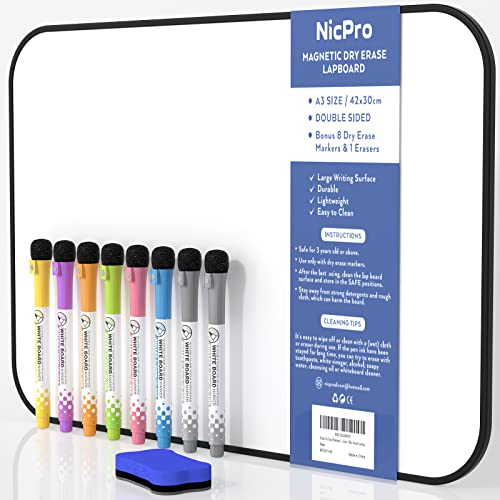 Nicpro A3 Klein Magnetisches Whiteboard, Mini Trocken Abwischbar Magnettafel Doppelseitiges mit 8 Bunte Stifte Schwamm für Kinder, Schüler, Klassenzimmer, Schulmaterial, Lernen, Schreiben(30 x 42 cm)