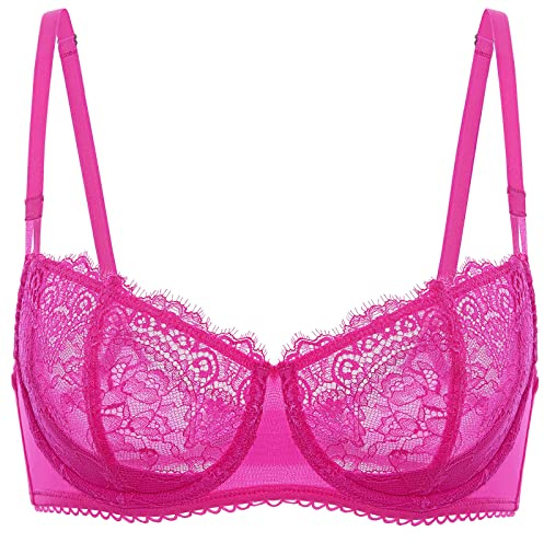DOBREVA Women's Sexy Lace Push Up Plus Size Bra Sheer Balconette Underwire Unlined Bright Fuchsia 34D