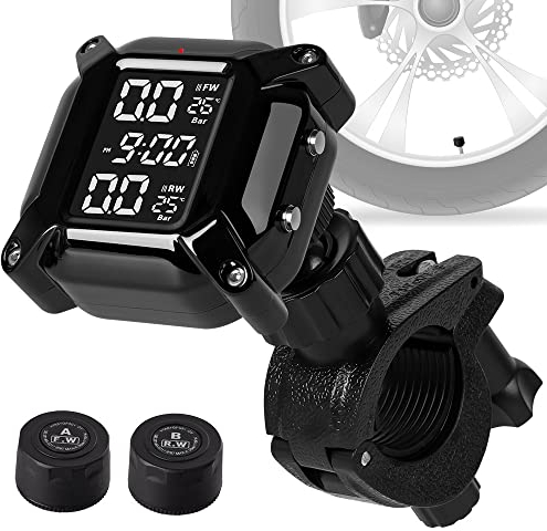 ESLOYSUN della Pressione dei Pneumatici,Motociclo TPMS Sistema di Monitoraggio Display LCD Sistema di Allarme con Display e 2 Sensori Esterni Pneumatici Senza Fili Impermeabile