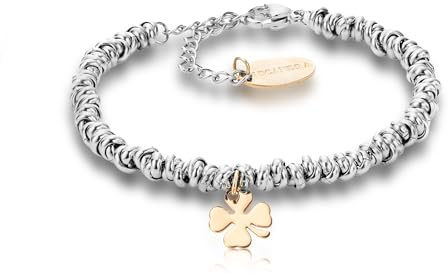 NICANDRA Bracciale Donna e Uomo con Nodini - Gioiello con Ciondolo Portafortuna Quadrifoglio in Acciaio Inossidabile - Accessorio Realizzato a Mano Regolabile da 16 a 21 cm - Made in Italy