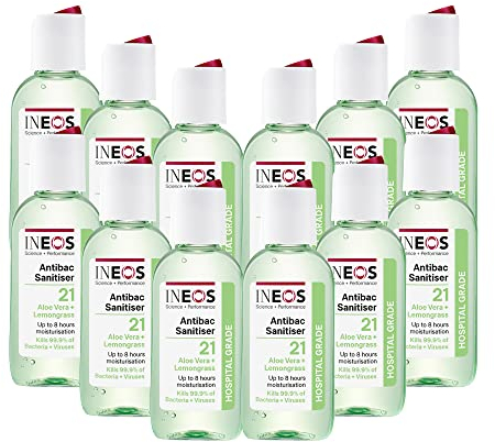 INEOS Mini Antibacterial Hand Sanitiser Gel 50ml - Aloe & Lemongrass - Hospital Grade Disinfectant, Eliminates 99.9% of Viruses and Bacteria, 12 x 50ml, Travel, Holiday, and Festival Essentials