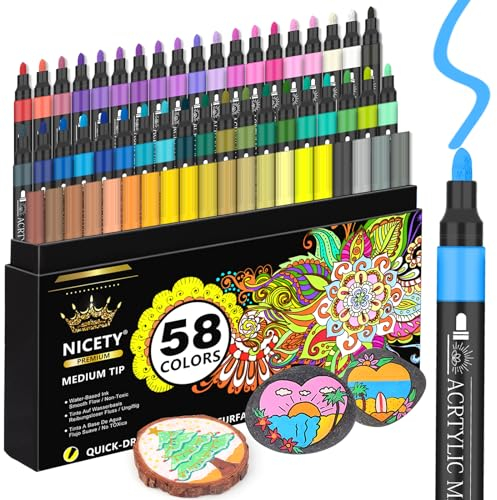 NICETY Rotuladores Acrílicos 58 Colores - Punta Media de 3 mm - Marcadores de Pintura para Piedra, Vidrio, Madera, Porcelana, Cerámica y Tela - Rotuladores Acrílicos a Base de Agua para Adultos