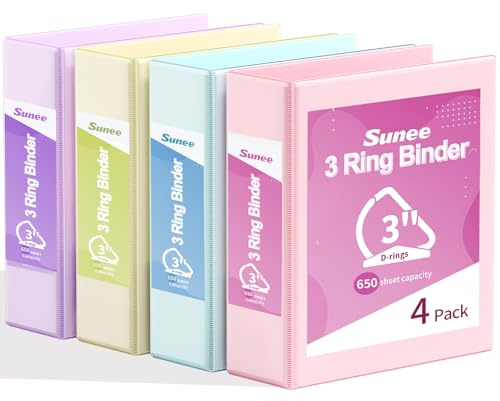 SUNEE 3 Ring Binder 3 Inch D Ring, Clear View Binder Three Ring PVC-Free (Fit 8.5x11 Inches) for School or Office Supplies, Assorted Pastel, 4 Pack