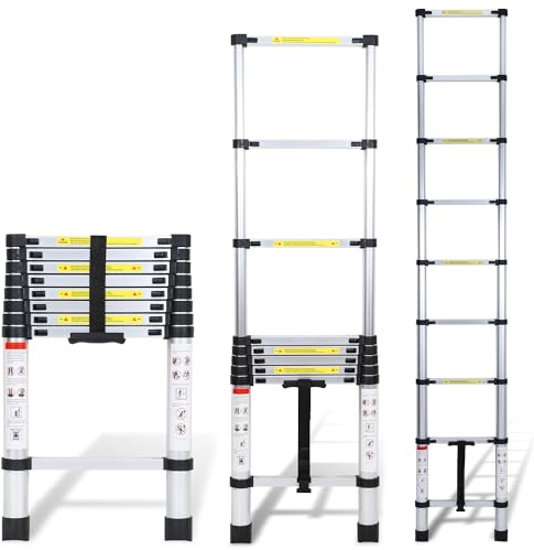 Randaco Teleskopstege i aluminium, 2,6 m utdragbar stege, halkfri aluminiumstege, stående stege, multifunktionsstege, utdragbar aluminiumstege, utdragbar aluminiumstege, 150 kg lastkapacitet