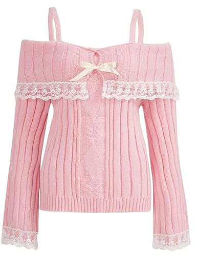 Women Off Shoulder Sweater Top Y2K Aesthetic Long Sleeve Lace Trim Knit Pullover Sweater Cutecore Kawaii Clothes