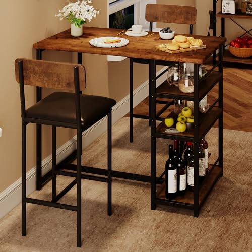 IDEALHOUSE Dining Table Set for 2, Counter Height Kitchen Table and Chairs, Bar Table Set with 2 Upholstered Bar Stools, 3 Piece Dining Room Table Set for Small Space, Apartment, Retro Brown