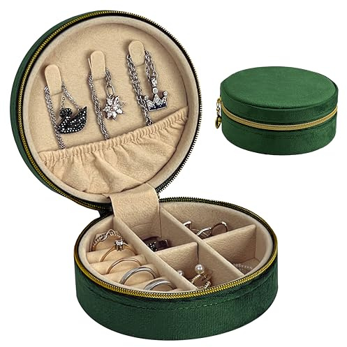 HomeGadget Astuccio da viaggio per gioielli - [ Ideale per le Donne ] - Astuccio per gioielli rotondo in velluto con zip - Organizzatore di gioielli - Verde