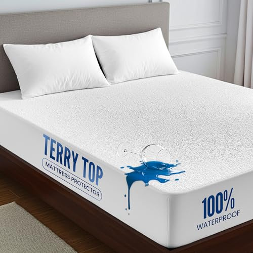 LUX Décor 100% Waterproof Queen Terry Mattress Protector – Soft, Noiseless Terry Cloth Top, Absorbent Breathable Mattress Cover, 16 inches Fitted Deep Pocket