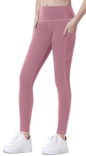 SEAUR Mädchen Sport Leggings Lang Yogahose mit 2 Taschen Einfarbig Eng Jogginghose Laufhose Sporthose Trainninghose - 140 (134-140)