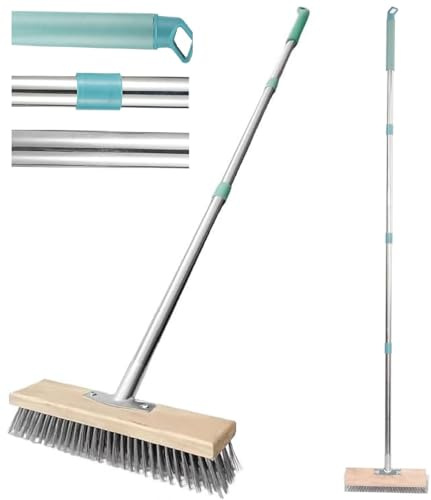 GINGER TECH Wire Broom Head, Garden Stiff Metal Bristle Deck Scrub Brush, Garden Weed Moss Remover Tool Broom for Heavy Duty Weed Moss & Algae on Shower Wall Garage Yard Patio (With 53inc Handle)