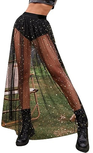 Jupe en tulle transparent pour femme - Sexy - 2 en 1 - Jupe d'été transparente - Taille haute - Jupe maxi à paillettes - Étoiles - Streetwear - Clubwear - Festival - Bikini Cover Up - Robe de plage -