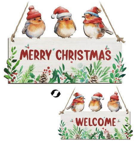 Merry Christmas Wooden Sign Robin Welcome Door Sign Double-sided Bird Wood Plaque for Xmas New Year Party Decoration New Home Door Decor