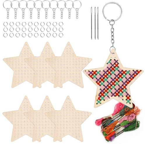 Swpeet Kit da Ricamo a Punto Croce con 64 Pezzi di Stella in Legno, Completo di Chiavetta, Anello a Molla, Filo e Aghi, Kit di Cucito in Legno per Principianti, Kit per Ricamo a Mano per Decorazioni