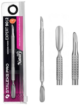 STALEKS PRO Empujador de cuticulas doble. Punta inclinada + punta ancha redondeada. Manicura y Pedicura. Acero inoxidable. Expert 90/2