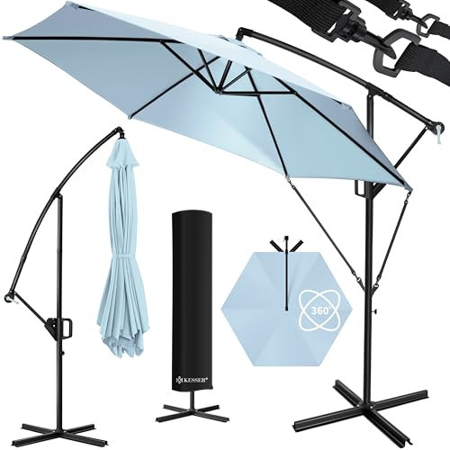 KESSER® Alu Ampelschirm Sonnenschirm + Abdeckung Ø300 cm & Kurbelvorrichtung Kurbelschirm mit Ständer UV-Schutz Aluminium Wasserabweisende Bespannung 360° Funktion Garten-Schirm Marktschirm Hellblau