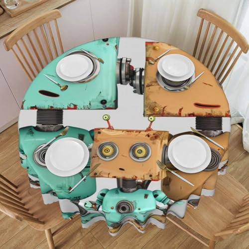 WPUTY Cute Cartoon Robots Printed Round Tablecloth with Decorative Lace Edge 60 Inch Washable Fabric Farmhouse Table Cover for Dining, Banquets, Weddings