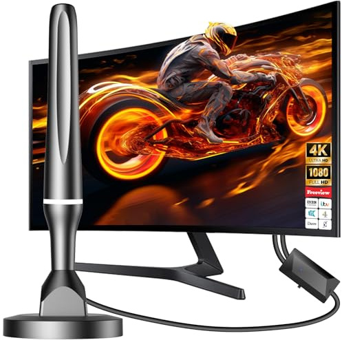 TV Aerial, Freeview Indoor TV Aerial with 560+ Miles Range 360° Reception, Tv Aerial Indoor with Signal Booster, TV Antenna Magnetic Base, Support VHF/UHF/DAB Radio - Orange