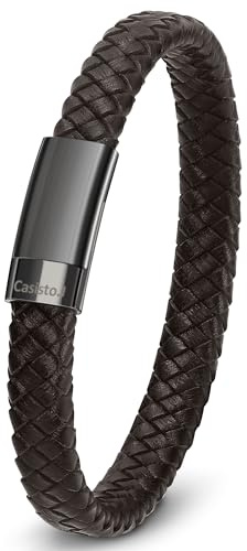 Casisto.J Läderarmband för män – klassiskt handgjort flätat manschettarmband med graverat magnetlås brett armband smycken gåvor för män fars dag