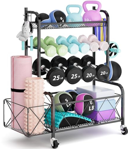 FREEAMG Home Gym Storage Rack with Wheels and Hooks, Adjustable Home Gym Equipment Weight Rack for Dumbbells Kettlebells Yoga Mats, 4-Tier Dumbbell Rack Stand 272KG Load, Steel Yoga Mat Storage Rack