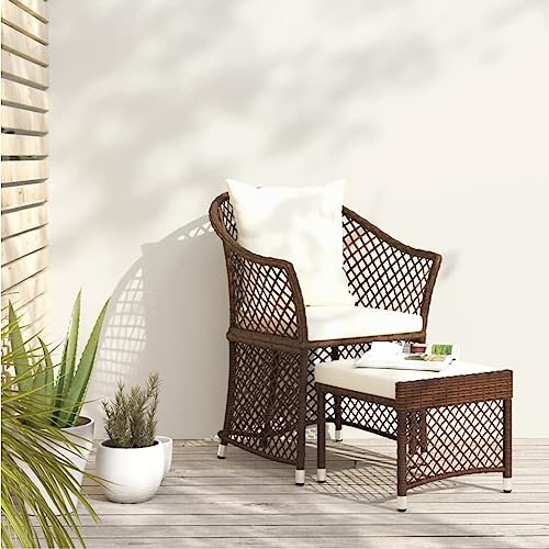 QJBSAVVA Set di 2 sale da giardino in rattan sintetico marrone con sgabello e cuscino, 65 x 54 x 84 cm, robusto telaio in acciaio e moderno gruppo di seduta per esterni, per balcone, terrazza e