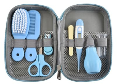 Baby Grooming Kit, 8PCS Portable Newborn Care Essentials Set with Safety Nail Cutter in Blue