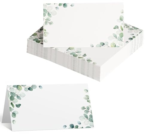 SYEYCW 100 Piezas Marcasitios Boda, Tarjetas de Lugar para Mesa, Tarjeta de Mesa Nombre, Plegables de Eucalipto Hojas Verdes, para Bodas, Cumpleaños, Banquetes y Fiestas