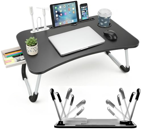 LKH Foldable Laptop Table with USB Hub,Fan LED Light & Side Drawer - 60×40×28 cm Portable Bed Tray with Drink Holder, for Bed, Sofa - Lightweight Folding Bed Desk with Side Tray for Accessories