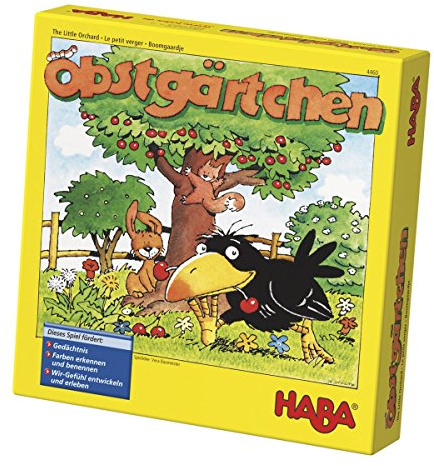 HABA Obstgärtchen – Kinderspiel ab 3 Jahren mit 3D-Kirschbaum – Lernspiel fördert Farben & Wir-Gefühl – Mit Holz-Kirschen & Rabe Theo – Für 2-4 Spieler – 1004460001