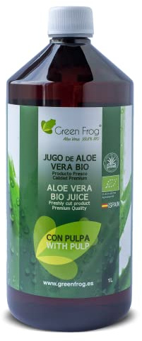 Green Frog - Jugo de Aloe Vera (99,8%) con Pulpa - 1 Litro - 100% Ecológico - Rico en Vitaminas A, C, E y Grupo B - Aminoácidos Esenciales - Botella de PET - Libre de Aloínas