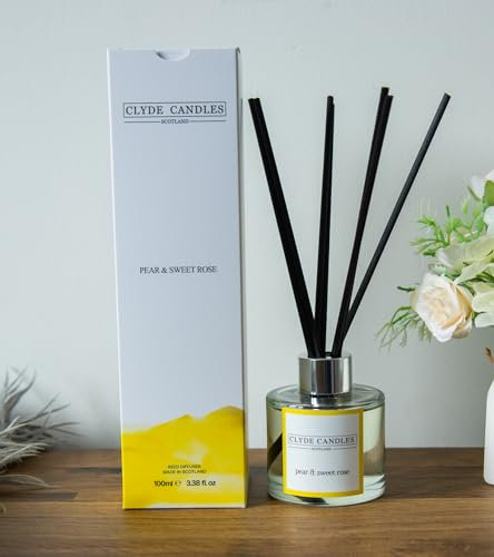 Pear & Sweet Rose Reed Diffuser - Clyde Candles, Luxury Diffuser Oil with a Set of 7 Fibre Sticks, 100ml, Best Aroma Scent for Home, Kitchen, Living Room, Bathroom. Fragrance Diffusers set with sticks