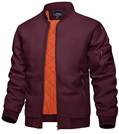 KEFITEVD Hombres Otoño Vintage Bomber Chaquetas Cálidas Chaquetas Béisbol Biker Windbreaker con 4 Bolsillos,Vino Rojo,M