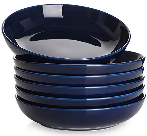 Y YHY Tiefe Teller 6er Set, 21,6 x 4,5 cm Tiefe Essteller, Suppenteller, Salatschüsseln, Pastaschüssel für 6 Personen, Große Speiseteller Porcelain für Pasta, Gulasch, Suppen und Salat-880 ml, Blau