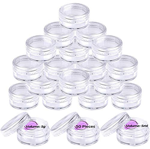 Envases para Cosmetica, 50 pcs Bote de Plastico Transparente Tarros Cosmetica Pequeños Vacío Contenedor de Cosmético, 5ml Tarros de Plastico con Tapa para Bálsamo Labial Crema Loción Polvos y Cuentas