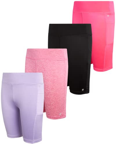 dELiA*s Girls Bike Shorts - 4 Pack Athletic Compression High Waisted Biker Shorts for Girls for Dance Yoga Gymnastics (7-16), Size 10-12, Purple/Space-dye/Fuchsia