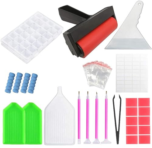 Strumenti di Pittura Diamante, 75 Pcs Kit e Accessori per la Pittura a Diamante, Diamante Pittura Strumenti con Diamante Pittura Scatola per Perline Penna Rullo Vassoio in Plastica Pinzette Etichette