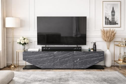 DECOROTIKA Meuble TV 180 cm Effet Marbre Noir – Console TV Moderne avec Rangement