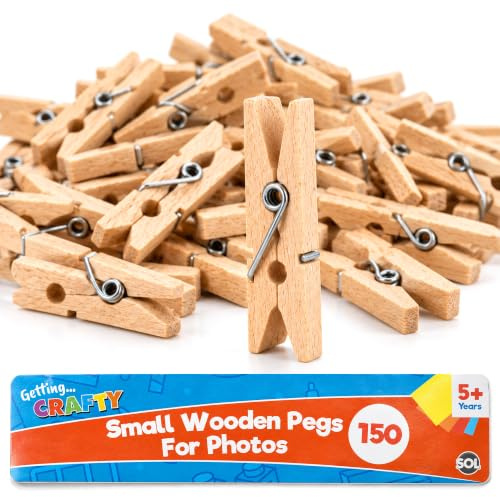 SOL 150pk Small Wooden Pegs for Photos - Mini Wooden Pegs for Craft 25mm | Mini Pegs for Photos - Little Wooden Pegs for Cards, Scrapbooking & Wedding Decor, Rustic Natural Finish with Spring Grip