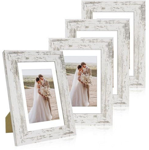 Hongkee 4x6 Picture Frame Set of 4, Made of Real Glass and Distressed White Wooden Frame, 4 by 6 Photo for Wall or Tabletop - Display Picture 3.5x5 with Mat or 4x6 Without Mat