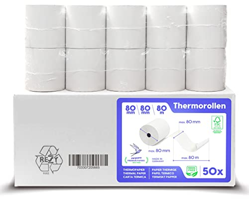 SWIPARO® Thermorollen 80mm x 80mm x 12mm [Universell für gängige Kassensysteme] - Kassenrollen 80x80x12 Thermo - Bonrollen Thermopapier - Geeignet für Drucksysteme mit Papierbedarf bis 80m (50 Stk)