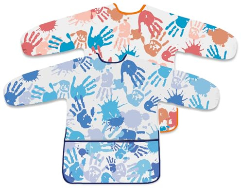 BOUBONI 2 Pcs Kids Art Smock Painting Toddler Smock Long Sleeve with 3 Pockets for Kids Art Painting Activity Kitchen Crafts (Blue, Pink)