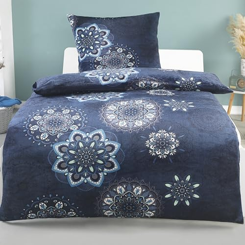 BaSaTex Winter Plüsch Cashmere Touch Bettwäsche Set Nicky Teddy Flausch Coral Fleece | 155x220 Bettbezug + 80x80 Kissenbezug | Design: Mandala Blau