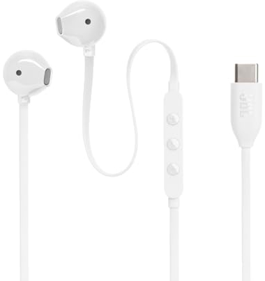 JBL Tune 305 C Écouteurs filaires Hi-Res, son Pure Bass JBL, connexion USB-C, câble plat anti-nœuds, télécommande à trois touches avec microphone, blanc