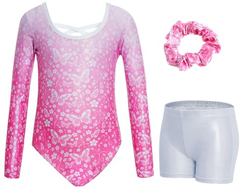 JiAmy Turnanzug Mädchen, Gymnastikanzug Kinder Turnshorts Haarband Set Gekreuzte Schulterriemen Turnanzug Leotard Set für 5-6 Jahre