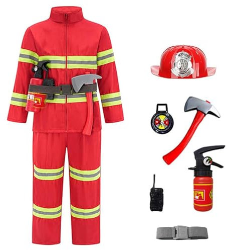 Costume de pompier pour enfant - 8 pièces - Avec veste, casque, badge, extincteur jouet, boussole, ceinture, hache et mégaphone, Rouge 1, 130 cm