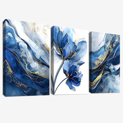 3 Pcs Wooden Framed Canvas Wall Art Canvas Prints Watercolour Gold Blue Lotus Flower Painting Abstract Navy Blue Marble Pictures for Living Room Bedroom Bathroom Hallway Home Wall Decor 50x70 cm x3pcs
