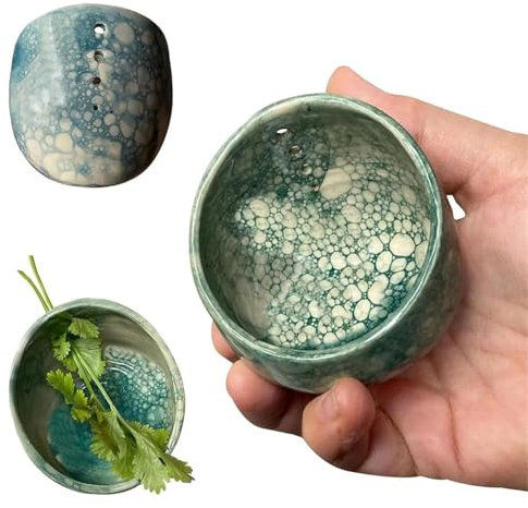 10 cm große Keramik-Kräuter-Abisolierschale, multifunktionales 4-Loch-Design, Abisolierschalen, Keramik, handgefertigtes Kräuterbeizwerkzeug, zum Abziehen von Blättern, Küchenblattabisolierung (blau)