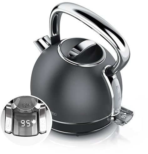 Arendo - Wasserkocher Edelstahl mit Temperatureinstellung - LED Anzeige mit Touch Panel - Wasserkessel Retro Vintage – 1,7 Liter – Warmhaltefunktion – Zwischenmessung – austauschbarer Kalkfilter