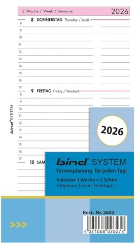 BIND B260226 Kalendereinlage für Managerkalender A6, Timer Einlage für Kalender Jahr 2026, 1 Woche / 2 Seiten, Terminkalender mit System, Kalendarium für bind Systemplaner und Standard Timeplaner