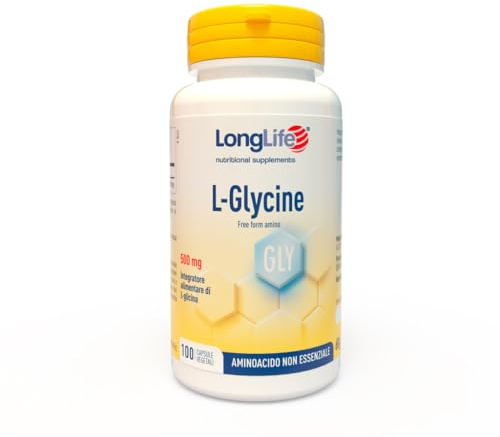 LongLife® L-Glycine | L-glicina 500mg | Aminoacido non essenziale | Benessere notturno| Sostegno al collagene | 100 capsule vegetali | Vegano e senza glutine