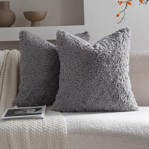 Neelvin 2er Set Kissenbezug Kunstpelz Pelz Plüsch Dekorative Kissenbezüge Sofakissen Kuschelig weich Couchkissen Dekokissen für Couch Sofa Wohnzimmer Schlafzimmer Dunkel Grau 40 x40 cm